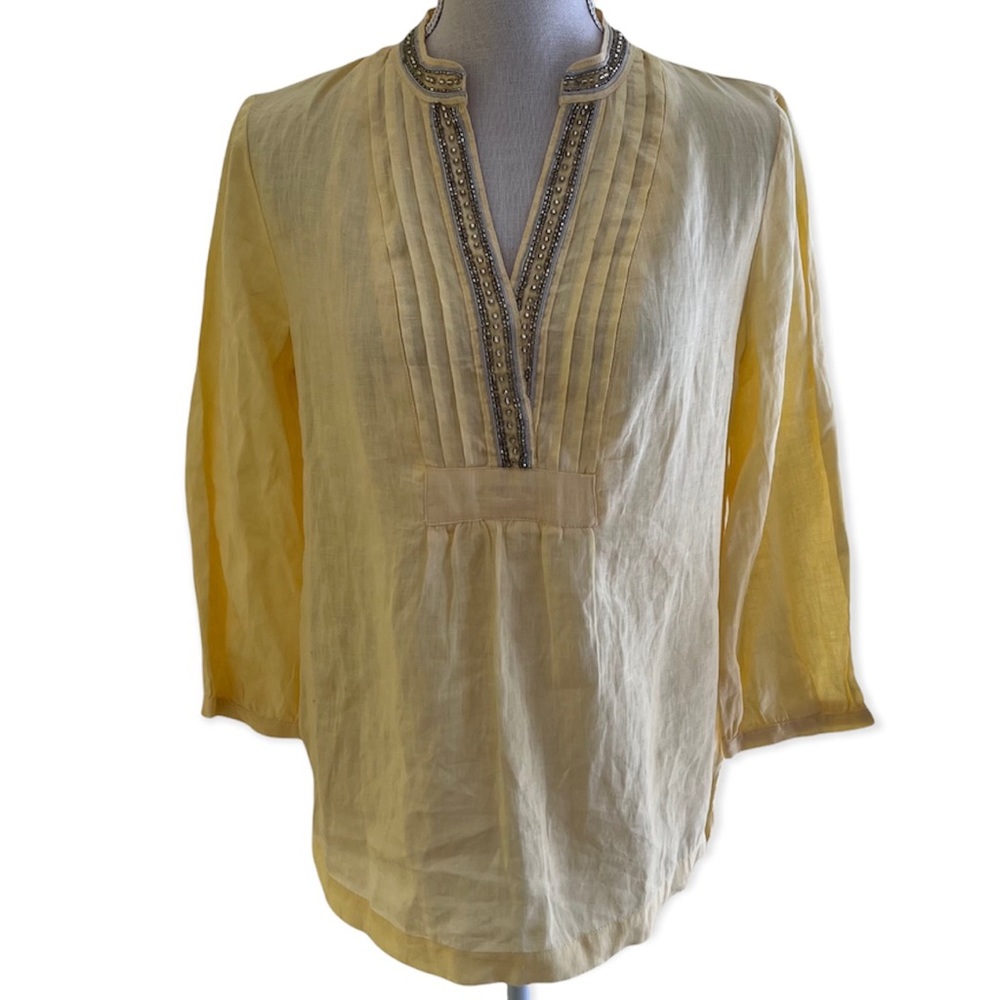 Charter Club Butter Yellow Linen Bead Embellished Blouse XS